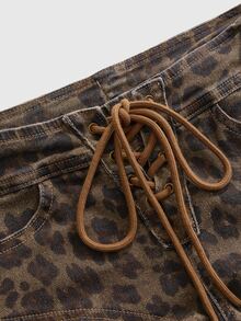 ROMWE Street Life Low Waist Sexy Hot Pants Denim Leopard Print Elastic Drawstring Women's Denim Shorts - Brown - View 4