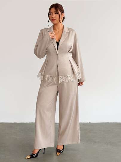 Firerie Plus Size Women's New Solid Color Elegant Commuter Waist-Cinching Blazer And Elastic Waist Long Pants Suit Set, With Pockets, Long Sleeve Long Pants Suit Set, Khaki Suit Set, Elegant Two Pieces Set, Formal Business Suit, Back Tie Waist-Cinching Suit Set