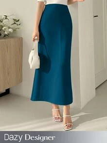 DAZY Chân váy nữ thanh lịch đi làm màu trơn xẻ sau mùa thu - Màu xanh lam - Xem 1