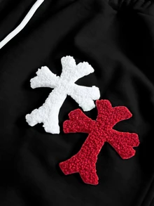 PAVTROS 男士抽繩腰十字縫線 3D 刺繡口袋寬腿休閒運動長褲，Y2K 風格運動長褲，男士 3D 刺繡運動長褲 - 黑色 - 查看 2