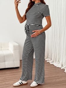 SHEIN Maternity Summer Casual Striped T-Shirt & Long Pants 2 Pieces Set - Black and White - View 9