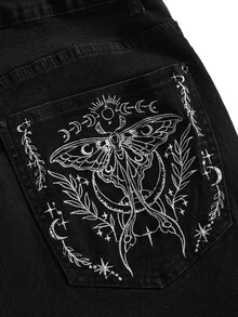ROMWE Fairycore 女款萬聖節蛾子刺繡口袋圖案抽繩設計迷你超短牛仔短褲 - 黑色 - 查看 2