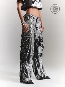 BAD SUNDAY Women's Autumn/Winter Party Sequin Cargo Pants, Y2K Retro Hot Girl Fashion - Black - View 5