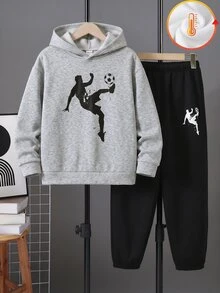 SHEIN 青少年男孩秋季新品休閒極簡足球圖案時尚經典英文字母運動風街頭風Y2K衛衣與長褲兩件套，適合夏季長袖連帽舒適衛衣兩件套，適合秋冬 - 彩色 - 查看 2