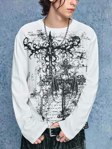 ROMWE MEN Street Life Casual Long Sleeve Sweatshirt, Skull And Wings Print, Suitable For Daily Casual Wear, Autumn Style - White - View 4