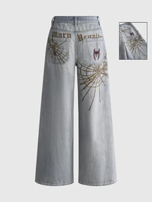 ROMWE Goth Damen-Jeans mit Spinnennetz-Stickerei, lockerer gerader Beinschnitt - Babyblau - Übersicht 1