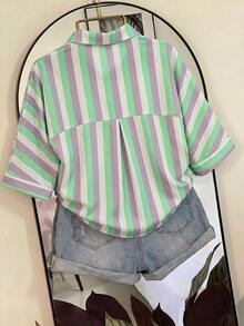 SHEIN Franclia 女款條紋短袖單排扣休閒通勤襯衫 - 綠色 - 查看 2