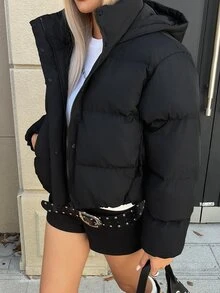 Livesso Women's Winter Black Hooded Drawstring Long Sleeve Thick Padded Pocket Decor Loose Padded Coat - Black - View 4