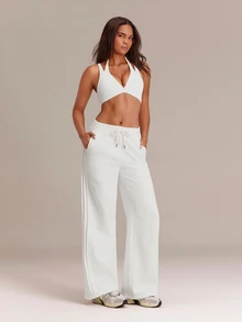 GLOWMODE Everyday Fleece Off-Duty Comfort Tall Sweatpants With Adjustable Drawstring Waist, Side Pockets & Vertical Piping Daily Casual Wear - White - View 7