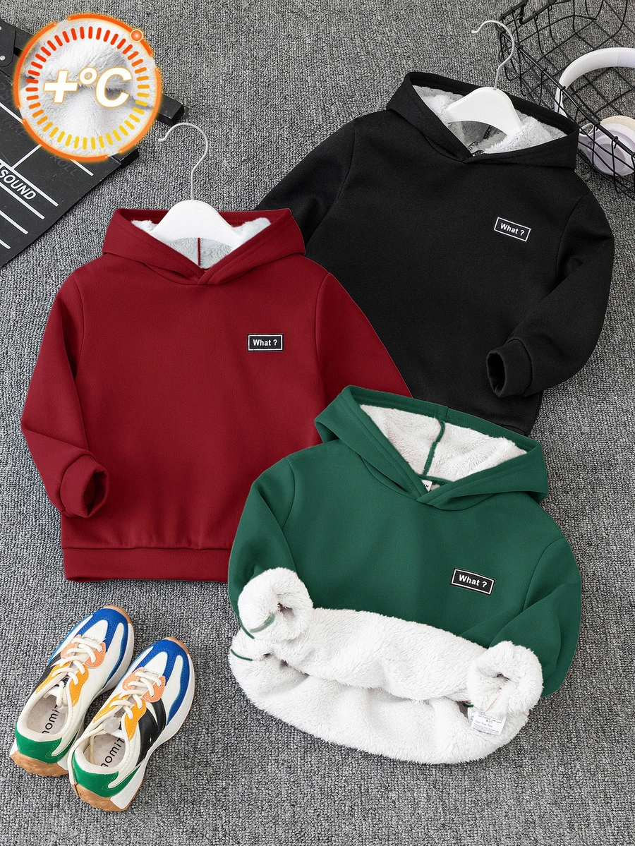 SHEIN 買2送1 童裝大童男孩休閒運動保暖內裡加厚連帽衛衣，聖誕紅、聖誕綠、黑色，適合秋季、冬季、學校、家庭聚會、度假、派對，秋季穿搭、冬季穿搭 - 彩色 - 查看 1