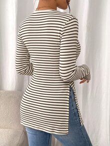 SHEIN Frenchy 女款極簡條紋拼接長袖開衩下擺T恤 - 杏色 - 查看 2