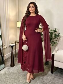 Modelyn Women's Plus Size Elegant Party Cape Sleeve Floral Embroidered Dress - Red - View 7