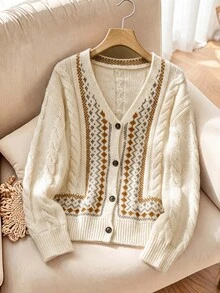 Rusticease Women's Autumn/Winter Casual Geometric Pattern Cardigan - Multicolor - View 3