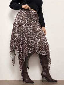 Maija Rok Plus Size Motif Leopard dengan Hem Asimetris untuk Musim Gugur, Cocok untuk Pesta, Ulang Tahun, Acara Malam, Warna Beige, Seksi, Bisnis, Kasual. - MultiWarna - View 6