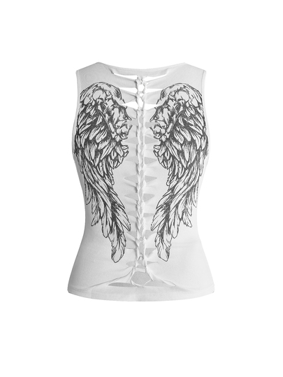 Summer All-Season Casual Street Retro Y2K Punk Style Wing Print Hollow Out Lace-Up Fitted Tank Top