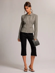 SHEIN BAE Women's Plaid Zipper Front Casual Regular Fit Jacket - Khaki - View 7