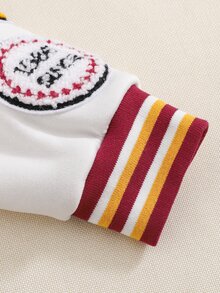 Playful Pals 2件組男孩大學風字母印花刺繡純色拼接前開扣休閒棒球長袖夾克與長褲套裝，羅紋領口、袖口與下擺設計，適合秋冬、戶外、街頭、日常穿著、運動、校園、旅行、度假 - 紅色 - 查看 8