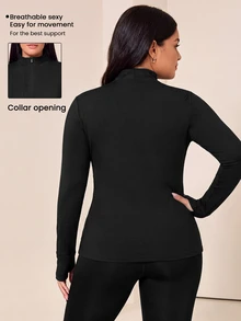 Rhythm Era Kaos Olahraga Lengan Panjang Kerah Tegak Warna Polos Ukuran Besar - Hitam - View 2