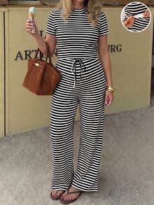 SHEIN Maternity Summer Casual Striped T-Shirt & Long Pants 2 Pieces Set - Black and White - View 4