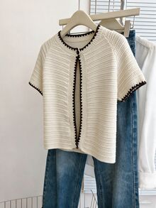Franclia Áo cardigan len dệt kim tay ngắn viền gợn sóng phối màu tương phản - Màu be - Xem 1