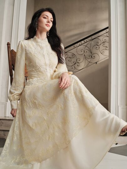 Anewsta Women's Elegant French Style Gentle Embroidered Patchwork Cinched Waist A-Line Slimming Long Sleeve Elegant Dress