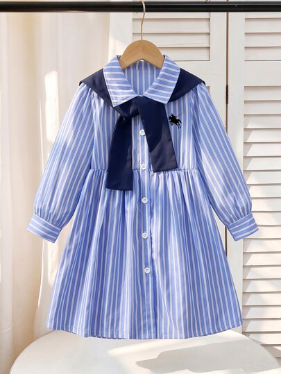 Elladie kids Young Girls Blue Striped Long Sleeve Collared Shirt Dress With Shawl, Suitable For School Style, Back To School, High-End Autumn Vacation Outfit