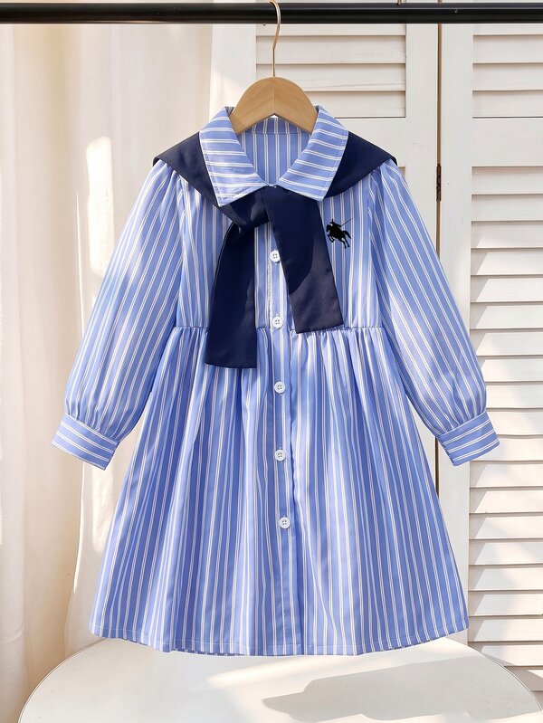 Elladie kids Young Girls Blue Striped Long Sleeve Collared Shirt Dress With Shawl, Suitable For School Style, Back To School, High-End Autumn Vacation Outfit