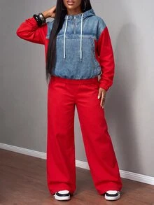 Slaydiva Setelan 2 Potong Wanita Ukuran Plus: Sweatshirt Berkerudung dengan Resleting dan Celana Jeans Lebar, Pakaian Kasual Longgar dengan Kombinasi Warna untuk Musim Gugur - Blue and White - View 2
