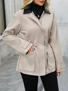 EMERY ROSE Jaket Trench Coat Kasual Serbaguna Motif Blok Warna untuk Wanita, Pakaian Musim Dingin untuk Wanita, Jaket Musim Dingin untuk Wanita - Khaki - View 8