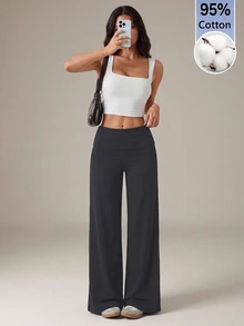 SHEIN Tall 黑色高腰寬腿寬鬆休閒長褲 - 深灰色 - 查看 2