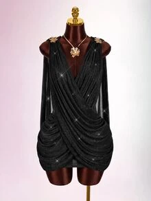 Amplova 2026 New Low-Cut Criss-Cross Gold & Silver Metallic Fabric Mini Dress For Women, Suitable For Date And Party - Black - View 3