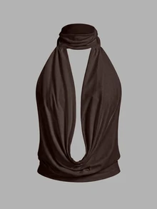 SHEIN ICON Áo top mùa hè gợi cảm màu trơn cổ rủ hở lưng - màu nâu - Xem 2