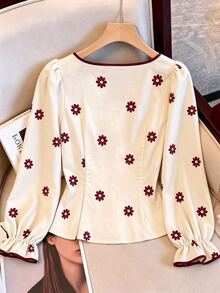 SHEIN Franclia French Vintage Daisy Print Solid Color Contrast Color Women's Long Sleeve Blouse, Autumn/Winter Commute Work Outfit - Burgundy - View 3