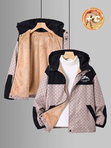 SHEIN 兒童青少年男孩休閒運動復古圖案保暖內裡加厚卡其色連帽夾克外套，黑色保暖內裡夾克，適合秋季、學校、家庭聚會、度假、派對，冬季外套，冬季穿搭 - 彩色 - 查看 4