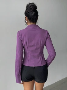 Aloruh 女款秋冬新款優雅春夏通勤日常簡約百搭旅行辦公純紫色短袖收腰百褶長袖襯衫 - 紫色 - 查看 2