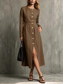 Glimmora Women's Early Autumn New French Elegant Commute Round Neck Button Design Slit Long Sleeve Waist-Cinching Slimming Long Dress - Brown - View 5