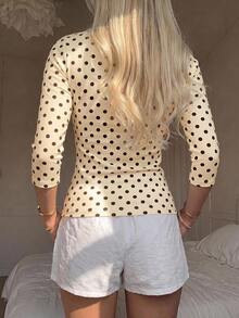 SHEIN EZwear 休閒極簡風 95%棉 性感露肩復古圓點 3/4袖短袖T恤，適合春夏穿搭，奶油黃顯白，夏季上衣，適合日常通勤、夏天、聖誕節、新年、感恩節、派對、婚禮、海灘、畢業典禮，時尚 - 彩色 - 查看 2