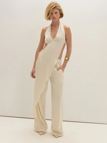 MUSEYN Cream Satin Halterneck Racer Back Cut Out Jumpsuit Party Evening Date Night Fall New Season Capsule Wardrobe - White - View 2