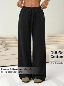 Solflare Plus Size Solid Color Casual Knotted Wide Leg Pants, Linen Wide Leg Pants, Women's Autumn Business Casual Style Fall - Black - View 1