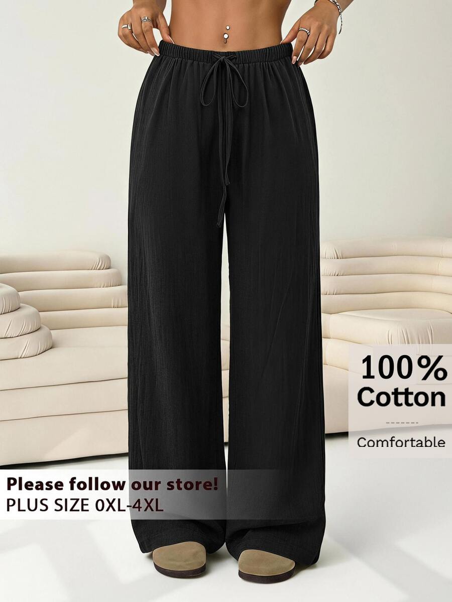 Solflare Plus Size Solid Color Casual Knotted Wide Leg Pants, Linen Wide Leg Pants, Women's Autumn Business Casual Style Fall - Black - View 1