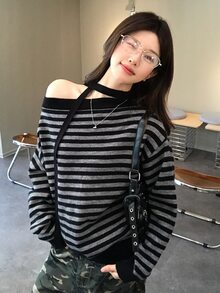 DAZY Women's Asymmetrical Shoulder Striped Long Sleeve Sweater Fall - Black - View 3