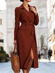 RosyDaze Women's Solid Color Casual Versatile Daily Travel Trench Coat Jacket - Rust Brown - View 5