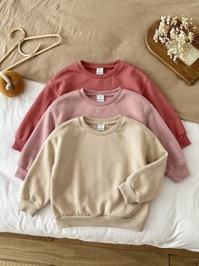 SHEIN LMoss Kids 女童 3 件組針織素色圓領寬鬆休閒秋季衛衣套裝 - 粉色 - 查看 7
