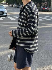 Resyla Men 男士半開襟鈕扣條紋休閒長袖T恤 - 白色 - 查看 3