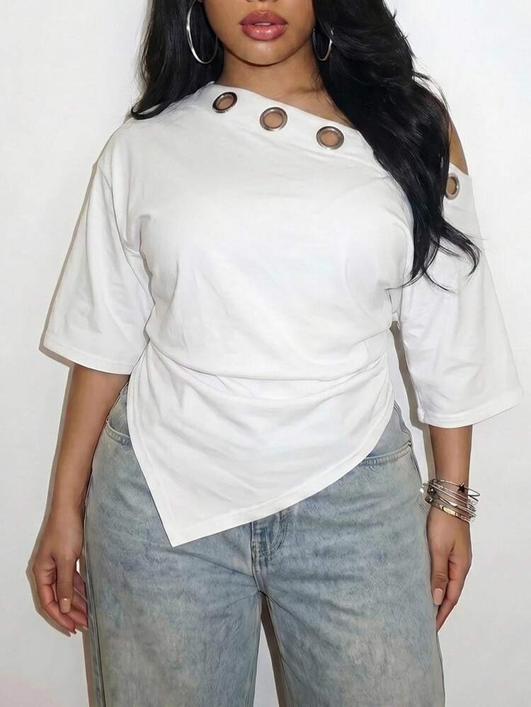 Slaydiva Plus Size Women's Neckline Eyelet Decor Summer Fashion Casual Evening Top, Asymmetric Cold Shoulder, 3/4 Sleeve, Ruched Waist And Slit Hem Design, Elegant For Beach, Cruise And Travel Wear - White - View 9