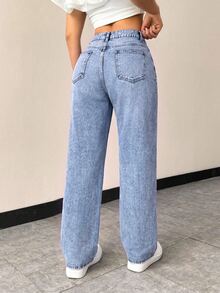 SHEIN EZwear 女款休閒百搭修身直筒牛仔褲，附口袋 - 藍色 - 查看 3