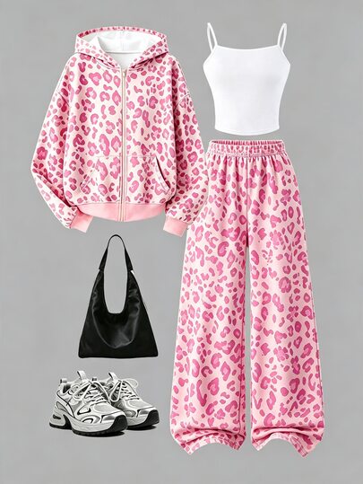 3-Piece Set For Tween Girls, Pink Leopard Print Zip-Up Hoodie + Elastic Waist Wide Leg Sweatpants + Short Sleeveless Camisole, Loose Casual Sports Outfit, Suitable For Big Girls' Daily Streetwear