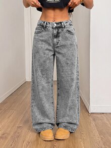 SHEIN PETITE 女款休閒水洗直筒牛仔褲 - 淺色水洗藍 - 查看 6