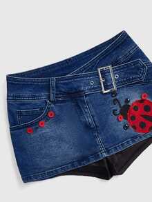 ROMWE Y2K Women's Sexy Embroidered Button Metal Buckle Denim Mini Skirt - Medium Wash - View 3