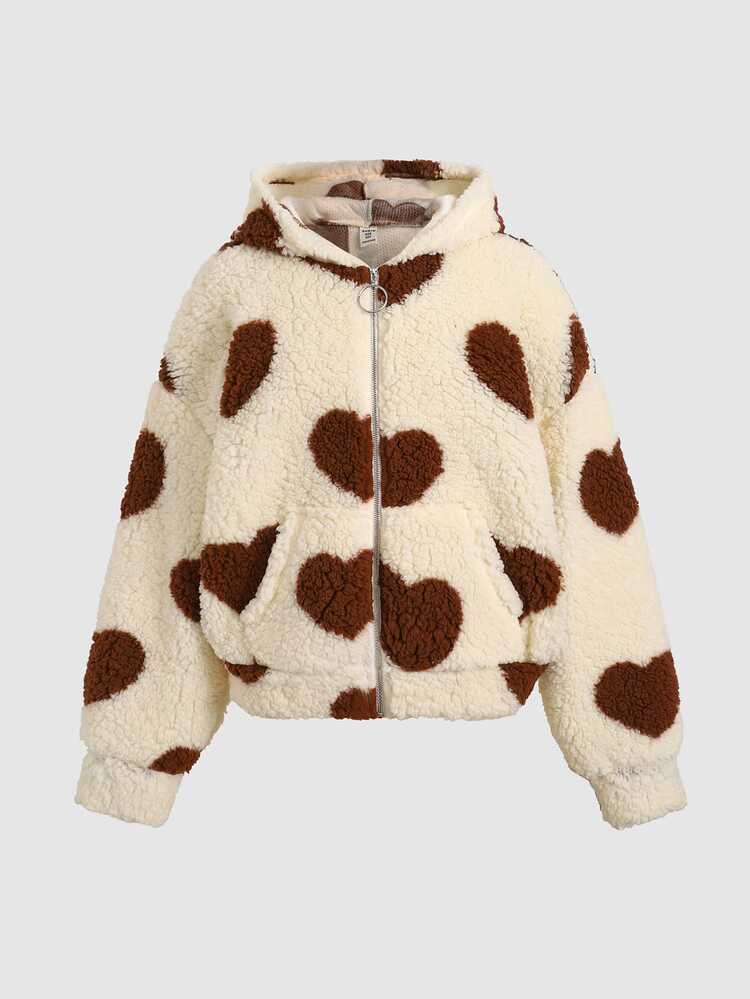 SHEIN Tween Girl Solid White Fleece Hooded Zip-Up Jacket Plush Fuzzy Coat, Back To School - White - View 2